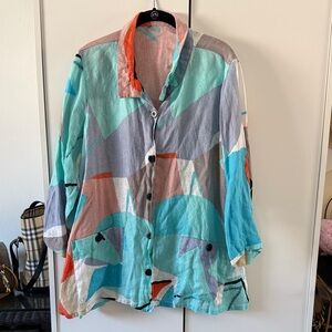 Linen Abstract Colorful Button-Up 3/4 Shirt